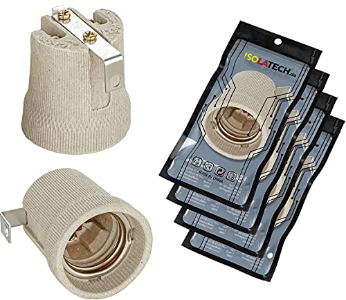 ISOLATECH 4x E27 Keramikfassung grau mit Halterung max. 250V/4A | Für LED-, Glüh-, UV- und Wärmelampen, Hitzebeständig, Geeignet für Terrarien sowie Decken- und Wandmontage
