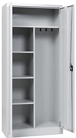 furni24 Metall Putzmittelschrank – Wäscheschrank aus Stahl mit Türen,Dreipunktverriegelung incl. 2 Schlüsseln, Garderobenstange, großen Fächern, Hutablage, fertig montiert - Grau, XXL 80x180x40cm