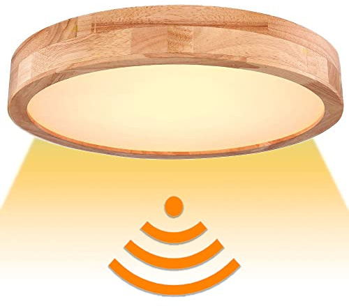 KZT Plafonnier en bois LED avec Détecteur de Mouvement Radar 20W Intérieur Lampe de Plafond Rond, Éclairage plafonnier pour couloir, Hall, Escaliers, Véranda, Garage, 30CM (Blanc chaud - 3000K)
