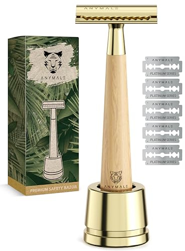 ANYMALE® Rasierhobel Gold Edition - Damen Set mit Ständer und 5 ASTRA Klingen - Plastikfreier Rasierer - Griff aus Ahornholz