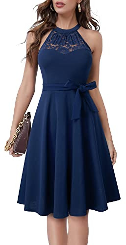HOMEYEE Damen Vintage 50er Rockabilly Schulterfrei Bestickte Spitze Cocktailkleid A283 (M, Marineblau)