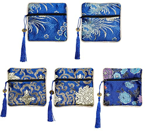 Onukaly 5PCS Jewelry Silk Purse Pouch, Chinese Silk Style Zipper Brocade Embroidered Bag for Women Coin Wallet (Deep Blue)