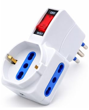 Adattatore Multipresa Salvaspazio 2 Prese Bipasso 10/16A + 1 Presa Schuko Frontale P40 – Spina 10A con Interruttore Luminoso e Protezione Sovraccarico 1500W