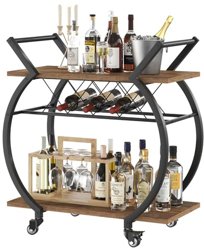 LVB Chariot Bar À roulettes Métal Rangement Bouteille Cuisine Brun Rustique