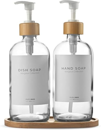 MaisoNovo Dispenser di sapone da bagno Set da 2 pezzi - Dispenser di sapone per le mani da 500 ml - Bottiglie di bambù trasparenti - Pompa in acciaio inossidabile con vassoio di bambù