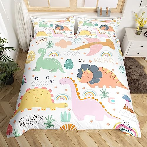Feelyou Dinosaur Comforter Cover Twin Size, Cute Rainbow Dino Bedding Set for Kids Boys Girls Jungle Dino Duvet Cover Cartoon Rainbow Wildlife Bedspread Cover Breathable Bedclothes (No Comforter)