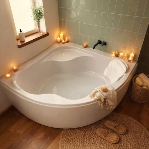 ECOLAM Eckbadewanne Selma 150x150 Acryl Schürze Kopfkissen Mare Acrylwanne | direkt vom Hersteller Top Qualität echtes Sanitäracryl modern Verkleidung keine Fliesen nötig Ablauf Füße im Set