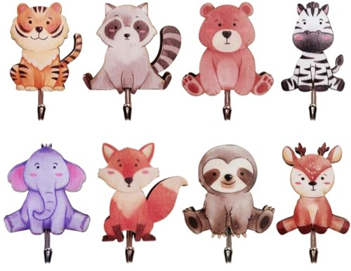 Yezirzax 8 unidades de percheros infantiles, ganchos autoadhesivos de madera, ganchos para ropa para niños en forma de animal, ganchos de pared para niños, ganchos de pared de madera, para habitación