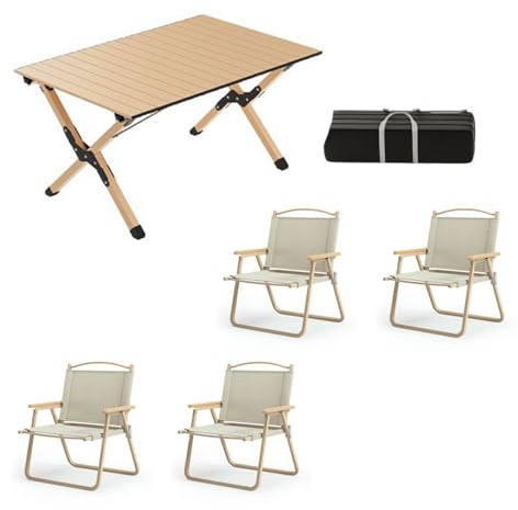 5er-Pack tragbare Camping-Tischstühle, klappbarer, aufrollbarer Aluminium-Picknick-Rucksacktisch mit leichten Gartenstühlen und Tragetasche, einfacher Transport