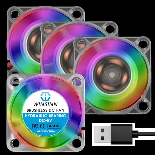 WINSINN 25mm RGB USB Fan 5V, LED Colorful 3D Printer Micro 5 Volt Fans 2510 Hydraulic Bearing, Brushless Cooling 25mmx10mm 2PIN (Pack of 4Pcs)