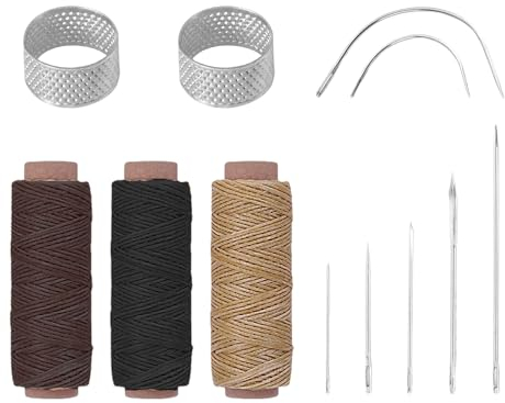 3 rollos de hilo de cera, 7 agujas de coser a mano, 2 dedos para dedal, juego de costura de cuero para cuero, cuerda para reparación de bricolaje
