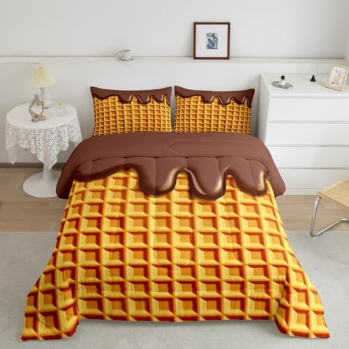 Homemissing Waffles Steppbett Waffles with Chocolate Bettdecke 135x200cm für Kinder Sweet Desert 4-Jahreszeiten Bettdecke Realistic Witzig Lebensmittel Steppdecke Mit 1 Kussenbezug