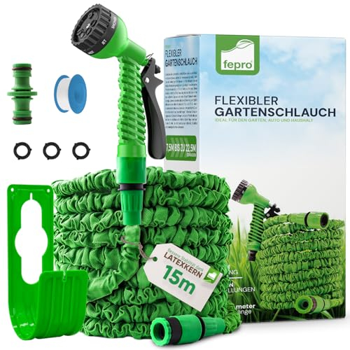 Fepro® Flexibler Gartenschlauch mit 7 Funktion max.15m basic, Wasserschlauch flexibel mit 3-Fach Latexkern inkl. Adapter für 1/2' 3/4' Zoll und Wandhalterung, dehnbarer flexiSchlauch
