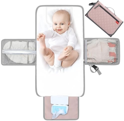 Lekebaby Cambiador de pañales portátil con bolsillo y cojín para la cabeza, acolchado de diamantes (Rosa)