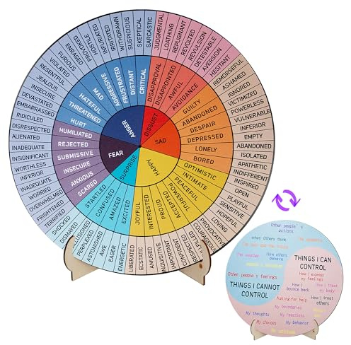 Jeoronuly Feelings Wheel Therapy Décoration de bureau, 15 cm de diamètre, double face, pour la santé mentale, roue d'émotion avec support, tableau de roue en bois, cadeau thérapeute, psychologue,