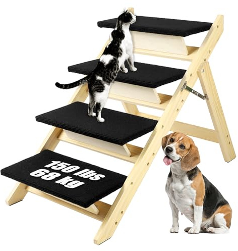 Umtiti 2-in-1 faltbare Hunderampe aus Holz mit 4 Stufen, robuste Hundetreppe aus Holz für kleine, mittelgroße und große Hunde, Hundetreppe