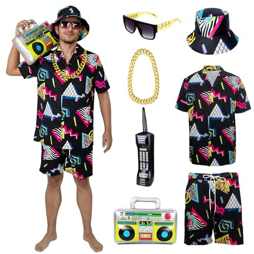 YQVGFBY 80er 90er Jahre Outfit Herren Retro Shirts und Shorts Set, Hip-Hop Strand T-Shirts und Shorts, Jogginganzüge, Badass-Kostüme, Faschingskostüme, Karnevalskostüme