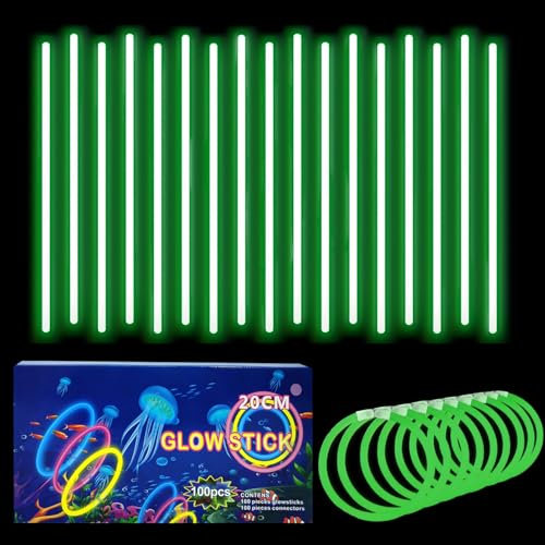 100 Bracelet Fluorescent Lumineux Vert Enfant Adulte,Bâtons Fluo avec 100 Connecteurs,Lunettes Fluo Bracelets Fluorescents pour Festifs,Halloween,Noël, Anniversaires,Mariage,Fournitures de Fête Sombre