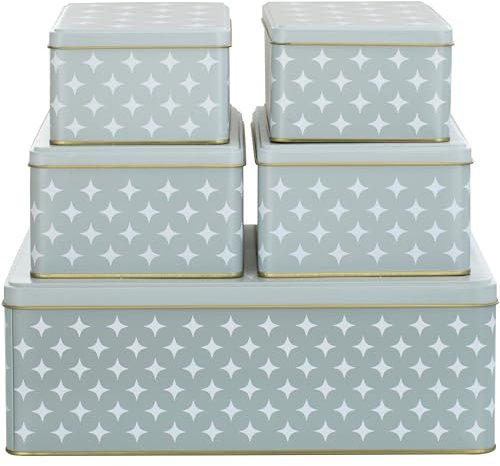 BALOU LIVING 5er Set Keksdose Weihnachten eckig - Weihnachtskeksdosen groß aus Metall - Weihnachtliche Plätzchendose Blechdose, Sterne grau/weiß