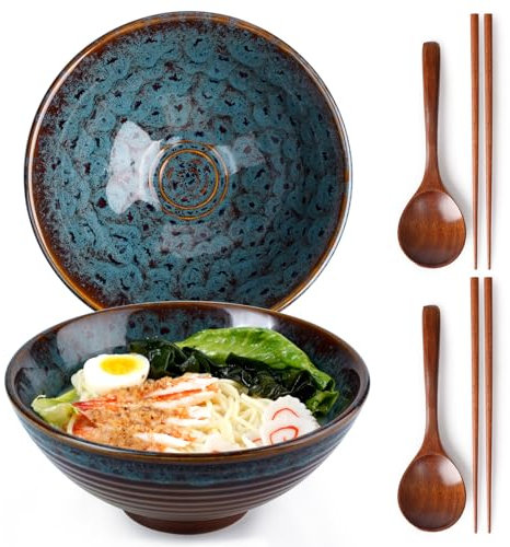NUTRIUPS 1200ml Ceramic Ramen Bowl Set of 2 Noodle Bowls with Chopsticks and Spoons (Peacock Tail)