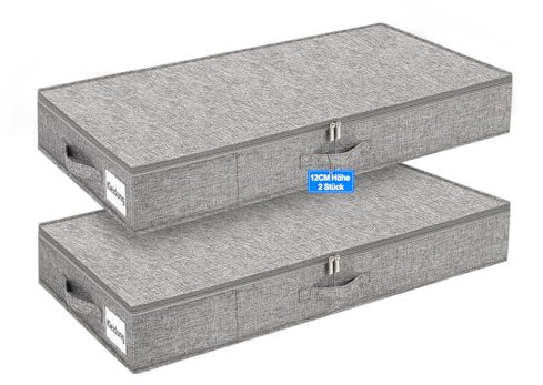 Huquter Unterbett Aufbewahrungsbox 12 cm, Stabil & Formstabil Unterbettkommode mit 3 Griffen & Doppelreißverschluss, Faltbar & Platzsparend Unterbettbox – Ideal für Kleidung, Bettwäsche & Decken