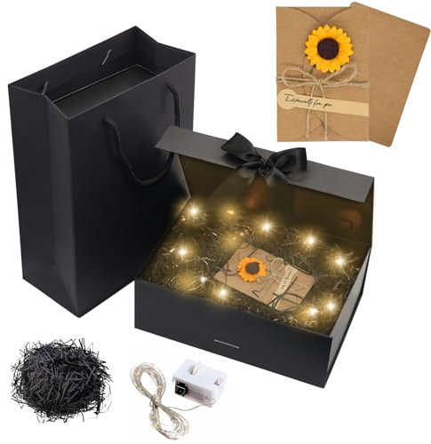 Idota Geschenkbox mit Deckel Magnetisch, 23 x 17 x 7cm Schwarz Geschenk Box Schleife Geschenkkarton Geburtstag mit Tragetasche, Raffia, Grußkarten, Licht, Geschenkverpackung für Hochzeit Geburtstag S