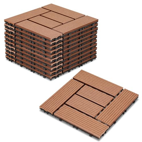Cecaylie Confezione da 11 piastrelle in WPC per terrazze, colore marrone, 30 x 30 cm – 1 m², ideali per esterni, piastrelle a scatto, per balcone, giardino, terrazza, pavimenti, semplici, rapide e