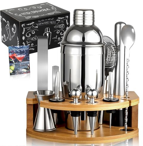 Leseed 12 Pezzi Shaker Cocktail set, 750 ml set Cocktail Inossidabile da con Supporto in Legno e Ricettario per Cocktail, per Preparare kit Cocktail,Regalo per Uomo e Donna