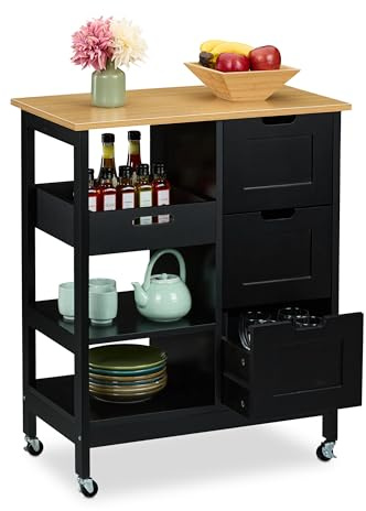 Relaxdays Kitchen Trolley with 3 Drawers and 3 Compartments, 85 x 68.5 x 38.5 cm, Island with Wheels, Black, Wood, Fibreboard