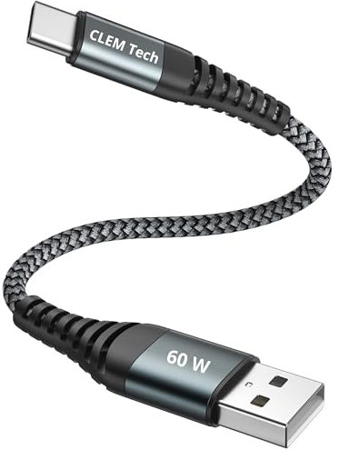 CLEM Tech - Cable USB A vers USB C de 30cm 60W Gris - Cable Court Charge Rapide PD 60W - Compatible avec Ordinateurs Portables, Tablettes et Smartphones. Idéal Voiture, Bureau, Table de chevet..