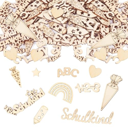 60 Stück Schulkind Konfetti holz, Schulanfang Deko holz, Einschulung Deko Holz Junge Mädchen, Streudeko Einschulung Tischdeko, ABC 123 Zuckertüte für Tischdekoration für Schuleinführung