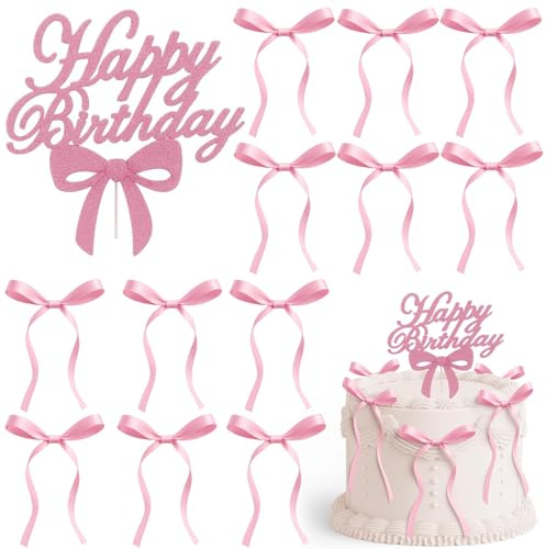12 Stück Tortendeko mit Schleife Rosa, Happy Birthday Tortendeko, Mädchen Cake Topper Hochzeit, Schleifen Deko für Geburtstag, Party, Hochzeit, Valentinstag (Rosa)