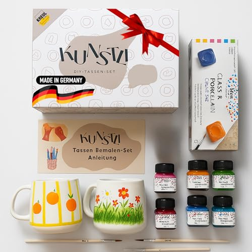 kunstli 2 DIY Tassen bemalen Set Keramik Mug Painting set – Malset Farben, Pinseln & Becher – Kreative Geschenkidee Kinder, Familie & Freunde – Tassen bemalen Geschenk (Weihnachten & Geburtstage)