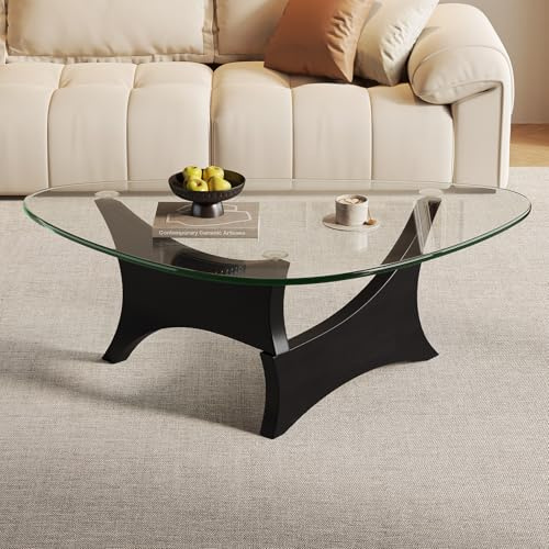 Glass Coffee Table Mid-Century Modern Coffee Table for Living Room Center Table Suitable for Bedroom Living Room Reception Office Tables（Black/Transparent，Medium）