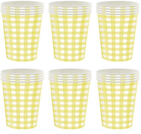 FSSTUD - Lot de 60 gobelets en carton à carreaux jaunes pour anniversaire, boissons fraîches, pique-nique, fête sur le thème du gingham, mariage, douche de mariage, boisson fantaisie - Gobelets