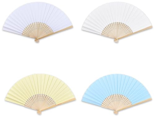 Juego de 4 abanicos de mano para niños para pintar, blanco, beige, azul claro, amarillo claro, abanico de papel de bambú para decoración de bodas, cumpleaños infantiles, fiestas, decoración de pared