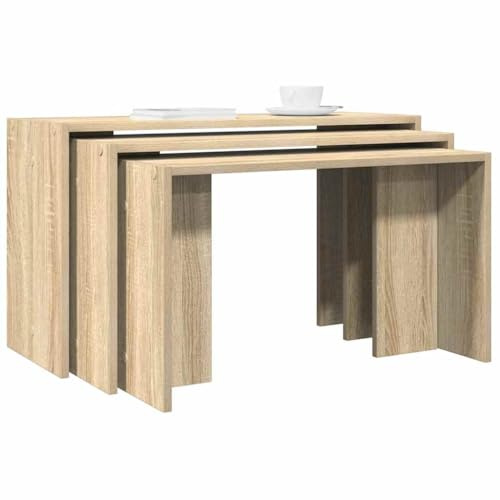 QUAHEAS Satztische 3er Set Sonoma-Eiche Holzwerkstoff, Beistelltische für Wohnzimmer, Couchtisch, modernes Möbelstück, Nachttisch für Schlafzimmer
