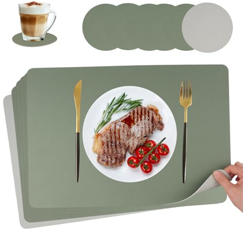 Inodiref 6er Set Tischsets Abwaschbar Platzdeckchen Abwischbar mit Untersetzer Hitzebeständig Tischuntersetzer Doppelseitigen rutschfest Telleruntersetzer Lederoptik 43x30cm(Grün-Grau)