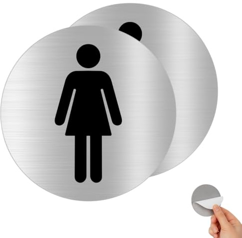 Señal Autoadhesiva de Aluminio WC Mujer Ø100 mm – Placa Redonda 0,8 mm – Pack 2 – Cartel Aseo Femenino para Baños, Aseos y Áreas Comunes