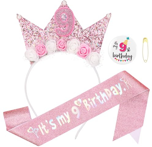 GSrenyu 9th Birthday Decorations for Girls,Headband Glitter Sash and Badge Set for 9 Year Old Girls Birthday Decorations,Flower Princess Crown Headband