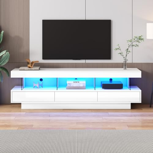 Merax TV Schrank Lowboard 160 cm mit LED-Beleuchtung, Weiß Hochglanz, 3 Glasfächer für 70 Zoll Fernseher, Modernes TV Board mit App-Steuerung und Kabelmanagement für Wohnzimmer Möbel