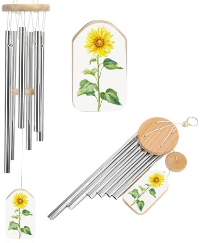 Sonnenblumen-Windspiel im Vintage-Stil, weiches Aquarell-Windspiel, Gedenkspiel, tiefer Ton, mit 6 Aluminiumrohren, für den Außenbereich, Hinterhof, Garten, Dekoration