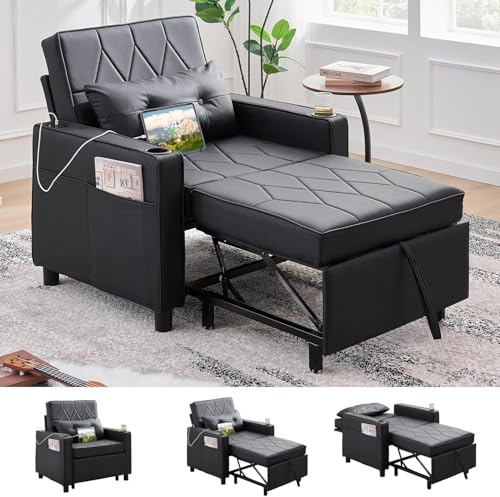 GRAVFORCE Schlafsessel 4 in 1 Schlafsofa mit 2 Ladeports und Becherhaltern, Klappbares Sessel mit Schlaffunktion Bettfunktion, Fernsehsessel Sofa Bed 1 Artikel 2 Verpackungen (Schwarz)