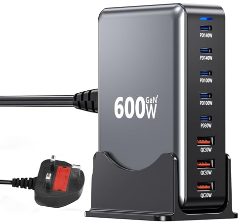 USB C Charging Station 600W GaN, 8-port Multiple ports USB C Fast Charger Hub with 5 USB-C + 3 USB-A, PD140W power supply Multi Charger compatible with laptop/MacBook/iPhone 15/16/Galaxy S24/S25