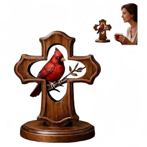 Genérico Adorno De Cruz Cardenal Hecho A Mano, Regalo Conmemorativo De Madera Con Cardenal Carmesí Y Rama De Olivo Para Condolencias Por Un Duelo, Recuerdo Cristiano Para DecoracióN Del Hogar (1PCS)