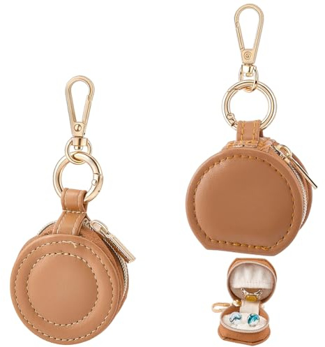 FINGERINSPIRE 2 Piezas Caja De Almacenamiento Para Porta Joyas Con Llavero, 2 Estilos, Mini Cajas De Cremallera De Imitación De Cuero Medio Redondas Color Camello, Estuches De Viaje Portátiles