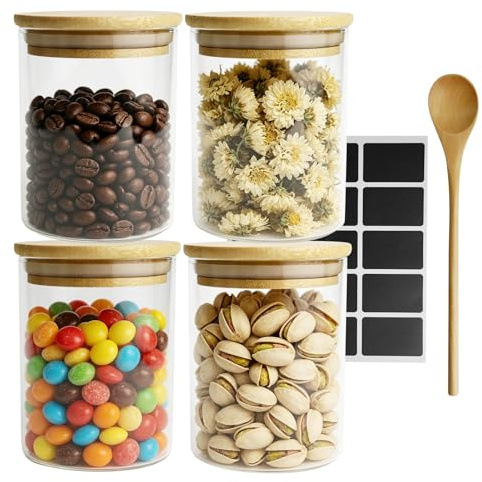 Set di 4 barattoli in vetro, 500 ml, con coperchio in bambù, barattoli con etichette, ermetici in vetro borosilicato, per spezie, caffè