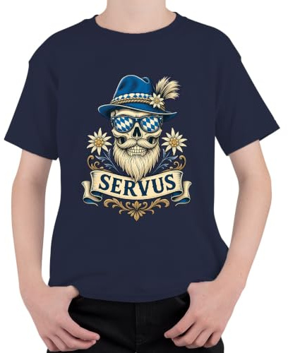 Servus Dödskalle skägg traditionell hatt ädelvit barn t-shirt | Läderbyxor Dirndl Oktoberfest Bayersk Wiesn Volksfest rolig presentidé herr skelett skäggbärare Alperna München