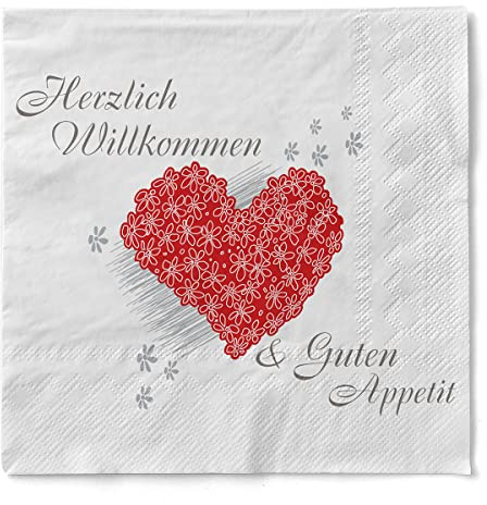 Sovie HORECA Tissue Serviette „Herzlich Willkommen & Guten Appetit“, 33 x 33 cm, 3-lagig, 100 Stück – Bordeauxfarbenes Herzdesign mit Blumen & herzlichem Willkommensgruß
