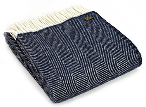 Tweedmill Textiles Überwurf/Decke mit Fischgrätenmuster, reine Schurwolle, Blau / Marineblau / cremefarben